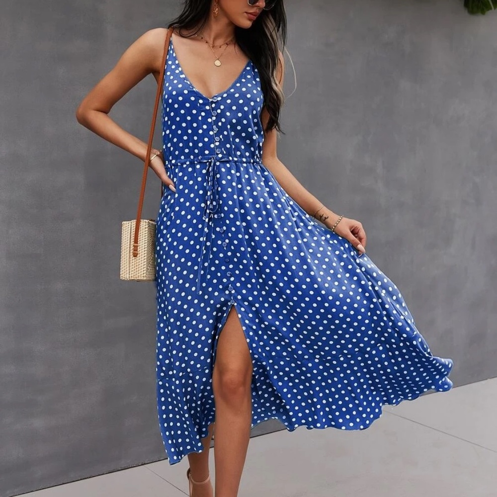 Button up v neck tie polka dot midi dress - Picture 12 of 16